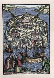 Utópia (Utópia) szigetének képe Thomas More (1478-1535) „” Az Utópiát újonnan szigetelő köztársaság optimális állapota” című könyvéből. Johann Froben metszet. 1518. alkotó: Unknown artist