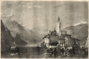Kilátás a Mater Ecclesiae kolostorra a Saint Jules (Saint Jules) szigetén (San Giulio) az Orta-tónál (Cusio-tó) Olaszországban. Metszet William Collingwood Smith (1815-1887) festménye után. A március 22-i „The Illustrated London News”-ban alkotó: Unknown artist