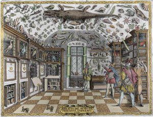 Ferrante Imperato (1550 - 1631) gyógyszerész érdekességeit bemutató múzeum (szekrény) (enciklopédikus múzeum) látképe. Metszet 1678-ból. Ferrante Imperato nápolyi patikus múzeuma. alkotó: Unknown artist