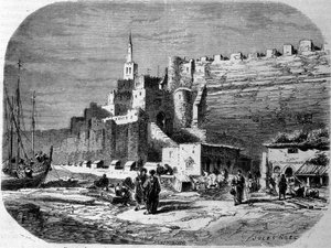 Kilátás a megerősített Tanger város kikötőjére és a tengerpartra, Marokkó. Metszet 1860-ból. alkotó: Unknown artist