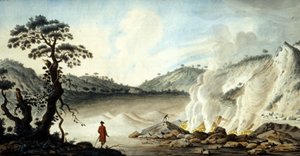 Kilátás a szolfatárra, a forró gőzökből és kéngázokból kiáramló vulkáni terepre. Pozzuoli Nápoly mellett. 19. század. alkotó: Unknown artist