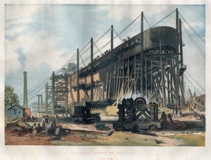 Kilátás a londoni Temze hajógyárban épülő „Great Eastern” (Leviathan) transzatlanti vonalhajó tatjára. Metszet az 1857. november 7-i „” The illustrated London News”-ba. alkotó: Unknown artist
