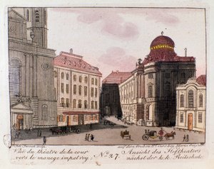 Kilátás a színházra és az udvarra a császári manézs felé Bécsben, Ausztriában. Metszet 1815-ös magángyűjteményből alkotó: Unknown artist
