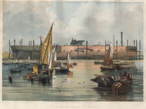 Kilátás a „Great Eastern” (Leviathan) transzatlanti vonalhajóra, amely a londoni Temze Hajógyárban épül. Metszet az 1857. november 7-i „” The illustrated London News”-ba. alkotó: Unknown artist