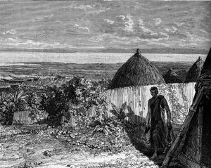 Falu az Albert Nyanza (vagy Albert-tó) partján, Afrikában. Metszet a „” Le Journal de la jeunesse”-be alkotó: Unknown artist