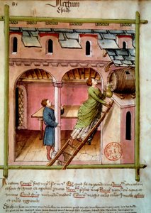 Ecet: egy fiatal nő megtölt egy kancsót. Megvilágítás az orvostudomány és a dietetika fejéséből "" Tacuinum sanitatis"" alkotó: Unknown artist