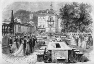 Francois-Joseph császár (1830-1916) és Erzsébet osztrák impresszió (Sissi) (1837-1898) Eugenie-vel (1826-1920), a franciák impresszumával és III. Napóleon látogatása augusztus 21-én az ausztriai Hellbrunn császári rezidencián. alkotó: Unknown artist