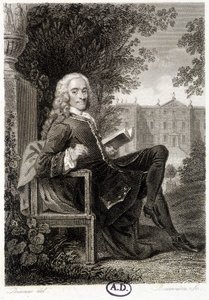 Voltaire egy parkban olvas - metszet alkotó: Unknown artist
