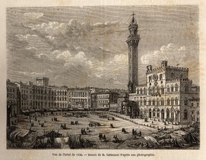 A sienai városháza tér látképe, egy 1865-ös sienai (Olaszország) utazást illusztráló metszet az Edouard Charton irányítása alatt megjelent „Le tour du monde, nouveau Journal des voyages” című kiadványban. alkotó: Unknown artist