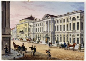 A Hotel des Postes de Saint Petersburg (Album de Marie Taglioni) külső képe (Szentpétervári Post Hotel (Marie Taglioni albuma). Névtelen rézkarc és akvarell, 1840-es évek. Moszkva, A. S. Puskin Állami Múzeuma. alkotó: Unknown artist