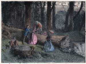 A sétálók a fa törzsének tanulmányozásával próbálják kiszámítani egy elhullott tölgy korát. 19. század végi metszet. alkotó: Unknown artist