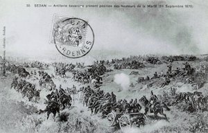 1870-es háború: A bajor tüzérség állást foglal a Marfe magaslatairól az Ardennekben, 1870.09.01. Metszet 1870-ből alkotó: Unknown artist