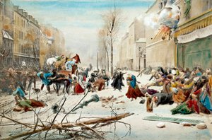 1870-es háború: Párizs ostroma 1870-ben, a poroszok bombázása. Párizs lakói hó alatt hagyják el a bombázott területeket. századi akvarell. Párizs, Musee de l