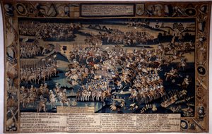 Vallásháború: „” A jarnaci csata, I. Bourboni Lajos, Conde hercege (Bourbon-Conde) halála (1530-1569)”” 1569. március 13-án szembehelyezkedik Conde hercegének protestáns hadseregével hogy az Anjou herceg által vezényelt francia királyé. Gobelin alkotó: Unknown artist