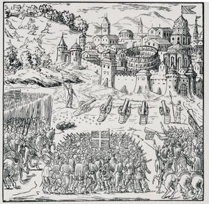 Vallásháború: Nîmes városa, amelyet a Király Armee (III. Henrik) ostromlott 1576-ban - a „39 figurából álló gyűjteményben, amely Franciaország 1562-1586 közötti csapásait ábrázolja””, Louis Perrin imprim. alkotó: Unknown artist