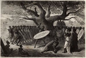A Landine vagy a caffres-zulus, a Sena harcos gyakorlatai (Zambese folyó régiója, Mozambik). Metszet Dr. Livingstone első dél-afrikai útjainak illusztrálására 1840 és 1856 között, a „Le tour du monde, nouveau Journal des voyages” című kiadványban. alkotó: Unknown artist