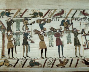 Fegyvereket és bort visznek a hajókra az Anglia meghódítására való tankolás során Hódító Vilmos (1027-1087) flottái 1066-ban Részlet a Bayeux-i kárpitról vagy Mathilde királynő hímzéséről alkotó: Unknown artist