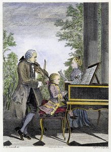 Wolfgang Amadeus Mozart gyermek zongorán, körülötte apja Leopold hegedűn és nővére, Marianne énekel - metszet alkotó: Unknown artist