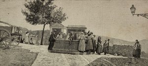 Nők és gyerekek a Piana dei Greci szökőkútnál, Olaszország, metszet E Interguglielmi fényképéről, L
