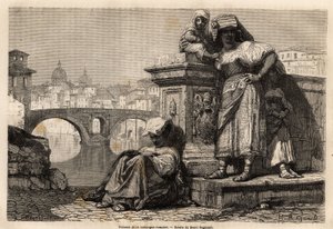 A római vidék asszonyai és gyermekei nyugalomban a Tiberis peremén, a horizont mögött: a vatikáni Szent Péter-bazilika kupolái. Francis Wey 1864-1868-as római utazását illusztráló metszete, megjelent a „Le tour du monde, no. alkotó: Unknown artist