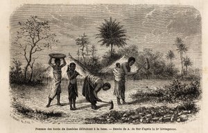 Nők a Zambeze partjáról kapát szárítanak, és gyerekeket ismertetnek meg a mezőgazdasági munkával. Metszet Dr. Livingstone első dél-afrikai útjainak illusztrálására 1840 és 1856 között, a „Le tour du monde, nouveau Journal des voyages” című kiadványban alkotó: Unknown artist