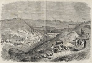 Munka a Szuezi-csatornán 1864 - Építési terület és fúrási munkák a Szuezi-csatornán 1864-ben (Chaluf Tranchee) - alkotó: Unknown artist