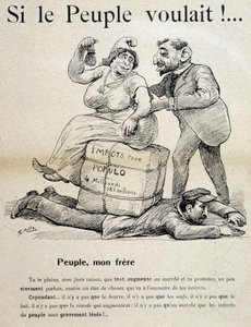 A munkást összetörték a „populóra kivetett adók” – rajzfilm, 19. század vége alkotó: Unknown artist