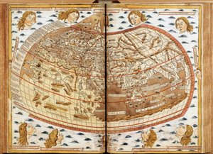 Claude Ptolemee világtérképe. A levegőt fújó emberi fejek a különböző szeleket jelképezik (amelyeknek a neve fel van tüntetve). In „” Latin Geographia. Beatissimo Patri Paulo Secundo Pontifici Maximo. Donis Nicolaus”. Pál pápának szentelt földrajzi kézirat alkotó: Unknown artist