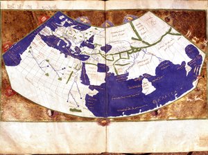 Claudius Ptolemaeus (Claude Ptolemee, 90-168 ap JC), görög csillagász és asztrológus világtérképe - A lapos Föld ábrázolása az északi és déli pólus és az amerikai nélkül Tartalmazza - 15. századi kézirat - Velence, Biblioteca Marciana alkotó: Unknown artist