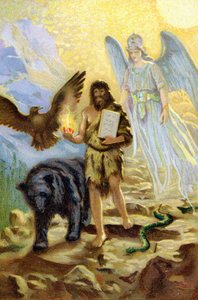 Zarathustra (Zarathustra, Zarathustra, Zarathustra vagy Zoroastra), az arkangyal vezetésével, és olyan állatok kíséretében, amelyek kísérőként tartják őt a hegyen való visszavonulása során, leereszkedik az emberek közé, hogy vigye az Ahura Mazda által kapo alkotó: Unknown artist