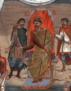 részletek: II. Kopasz Károly (823 - 877), Franciaország királya szerzetesek küldöttségét fogadta Toursból.Fac-Simile a 19. századi kromolitográfiában a B.N.-ben őrzött X. századi miniatűr után. Párizsból. alkotó: Unknown artist