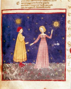 első mennyország: Dante találkozik Beatrice-vel a Paradicsomban. Megvilágított oldal, amely a Paradicsom dalát illusztrálja Dante Alighieri (1265-1321) „Divina Commedia” című művéből. 14. század, Velence, Biblioteca Marciana alkotó: Unknown artist