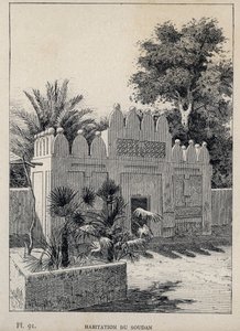 habitation du Sudan (Szudán) - 1889-es metszet az „Emberi lakhatás története az 1889-es egyetemes kiállításon, Charles GARNIER úr – Librairie centrale des beaux-arts Paris 1889 című könyvében alkotó: Unknown artist