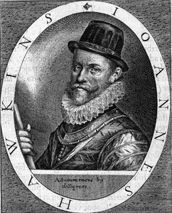 Sir John Hawkins (Hawkyns) angol admirális (1532-1595) portréja, aki arról ismert, hogy ő volt az első, aki feketével kereskedett. Több utat tett meg londoni kereskedők finanszírozásával Afrika és Amerika között. Metszet 1620-ból. alkotó: Unknown artist