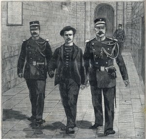 az olasz anarchista Luigi Luccheni (Lucheni) Ausztriai Erzsébet (Sissi) bélyeggyilkos merénylőjét 1898-ban a Bíróság elé állították. alkotó: Unknown artist