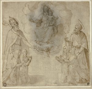 Szűz Mária és a Gyermek Szent Fabianus (vagy Nagy Gergely) és József előtt. alkotó: Unknown Sienese