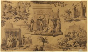 Rajz, karikatúra nyomtatott pamuttextilhez: A franciák Egyiptomban [Les Francais en Egypte], 1815 körül. alkotó: Unknown artistUnknown artist
