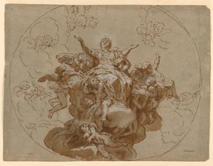 Rajz, mennyezetterv a Szűz Mária mennybemenetelével, 1700-1730 alkotó: Unknown artistUnknown artist