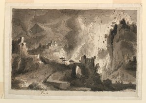 Rajz, színpadkép, városégetés, 1810-20 körül
