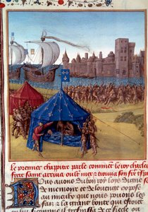 8. keresztes hadjárat: Szent Lajos (IX. Lajos) (1214/1215-1270) halála a pestis következtében Tuniszban. Miniatűr a „” Le livre des faits de Monseigneur Saint Louis””” 15. századi Párizsból, B.N. alkotó: Unknown artist