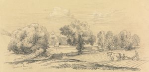 Egy farm farmerrel, lovával és ekével az előtérben alkotó: Unknown artist