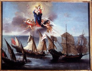 Egy genovai csónakot egy galióta és egy barbár félkonyha támadott meg. Ex-voto 1796. Genova-Pegli Tengerészeti Múzeum. alkotó: Unknown artist