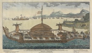 A francia tutaj képe, 1798 februárjában, St. Maloes-ban. A gép 600 láb hosszú és 300 széles, 500 darab ágyút szerel fel, 36 és 48 font súlyú, és 15 000 katonát szállít az invázióhoz. Anglia. alkotó: Unknown artist