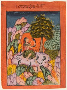 Egy nő kígyókat varázsol a vadonban: Asavari Ragini, Ragamalából alkotó: Unknown artist