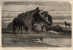 Nomád cigányok tábora Bosznia északi síkságain. A déli szlávok utazásának emlékeit illusztráló metszet Georges Perrottól, 1868-ban, megjelent a „Le tour du monde” 1870-1871-ben, szerkesztette Edouard Charton, Hachette kiadás, Pari alkotó: Unknown artist