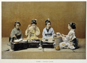 Egy étkező Japánban: nők rizst esznek pálcikával, és egyikük teát szolgál fel - n.d. század vége alkotó: Unknown artist