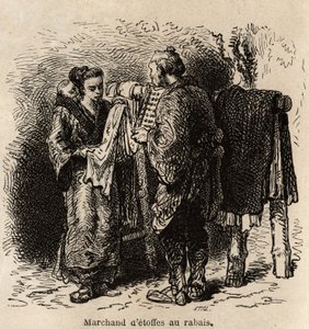 Egy akciós ruhakereskedő elkészíti a cikket egy fiatal nőnek, aki a hátán hordja kisgyermekét. Aime Humbert, a Svájci Államszövetség minisztere 1863–1864-es metszete a japán utazás szemléltetésére, megjelent a „le tour du monde”-ban, a dir alatt alkotó: Unknown artist