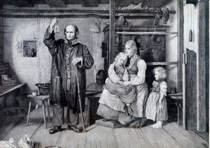 Egy orvos egy palackot, valószínűleg egy vizeletet tartalmazó fiolát vizsgál meg egy szegénységben élő anyánál és két gyermekénél (metszet) alkotó: Unknown artist