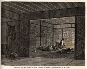 Kollégium egy fogadóban Japánban. Aime Humbert, a Svájci Államszövetség minisztere, a „Le tour du monde, nouveau Journal des voyages” című 1863–1864-es japán utazást illusztráló metszete Edouard Charton irányítása alatt jelent meg. alkotó: Unknown artist