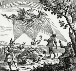 Különböző látószögekből látható sárkány Zahn „Oculus mesterségesis teledioptricus” című művének rézmetszete alapján. alkotó: Unknown artist